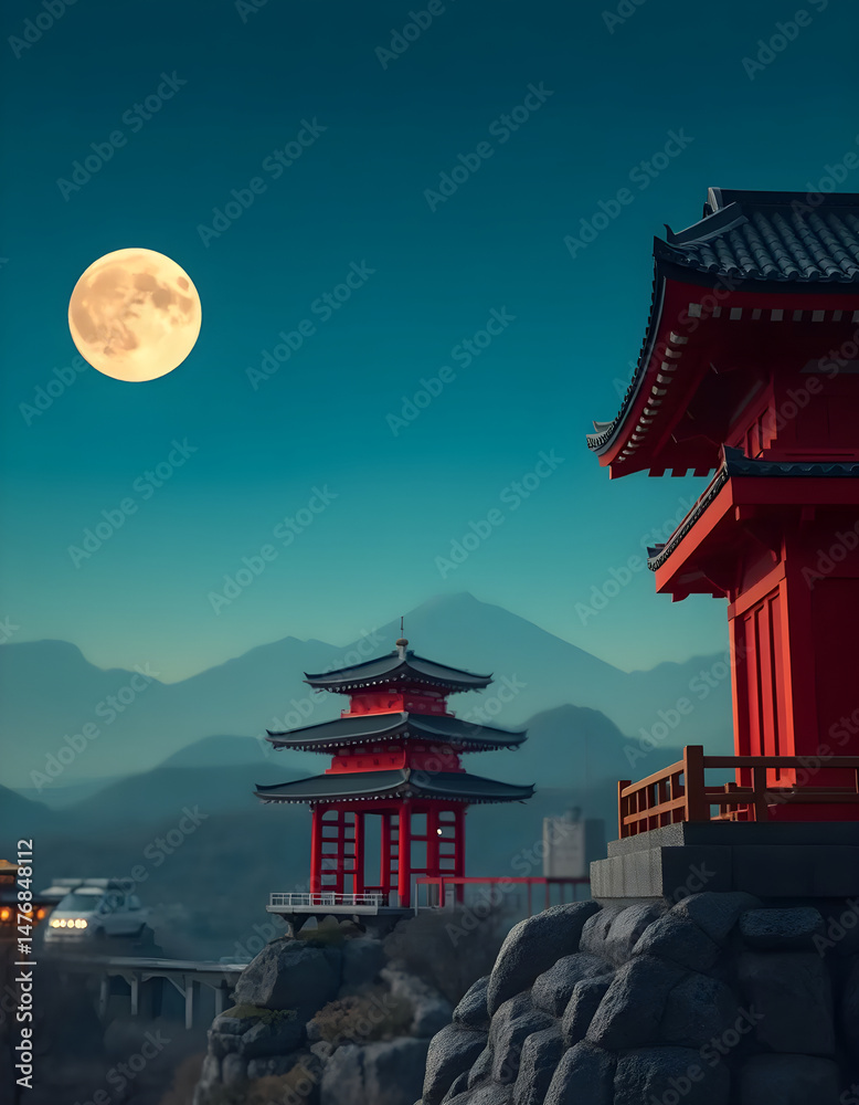 Obraz premium Japanese pagoda at night with the moon behind it