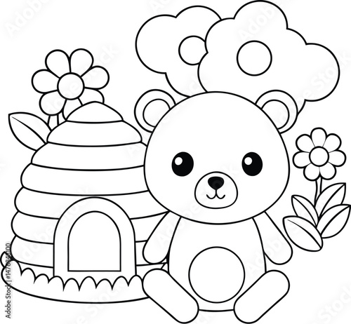 Little Bear Eating Honey Near a Beehive coloring pages