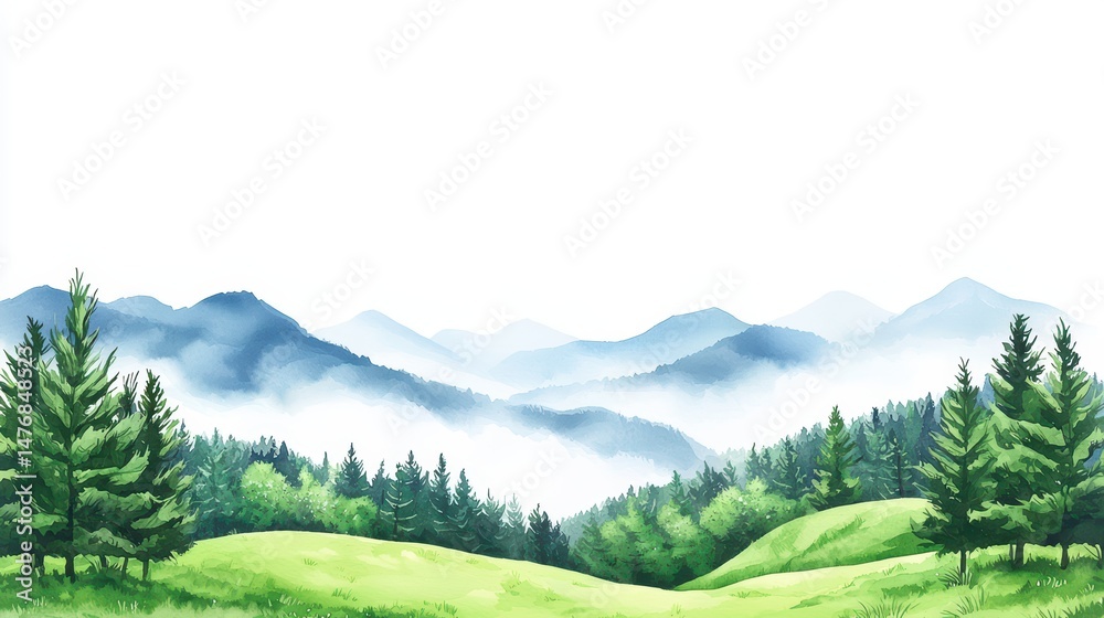 Fototapeta premium Serene Watercolor Landscape of Mountains and Lush Green Forests with Soft Misty Atmosphere