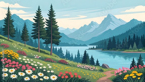 Lake view of snow-capped mountains and green pine trees under a summer sky in the Alps landscape