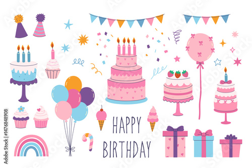 Set of birthday celebration graphics on white background. Vector graphics.