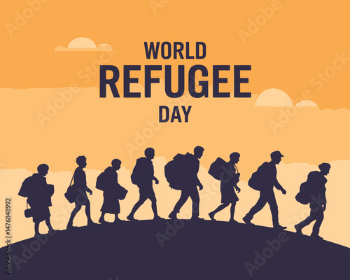 World Refugee Day Silhouettes Migrating People Journey Landscape Illustration