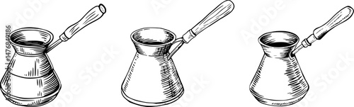 Hand drawn Traditional Turkish Coffee Pot Illustration vector set – Vintage Cezve Drawing – Turkish coffee kettle - Middle Eastern Copper Kettle Sketch