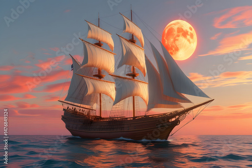 A lone sailboat glides across the golden sea at sunset, its tall mast silhouetted against the vibrant evening sky photo