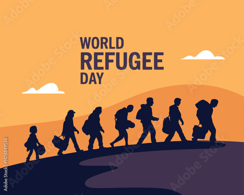 World Refugee Day Silhouettes Migrating People Journey Landscape Illustration