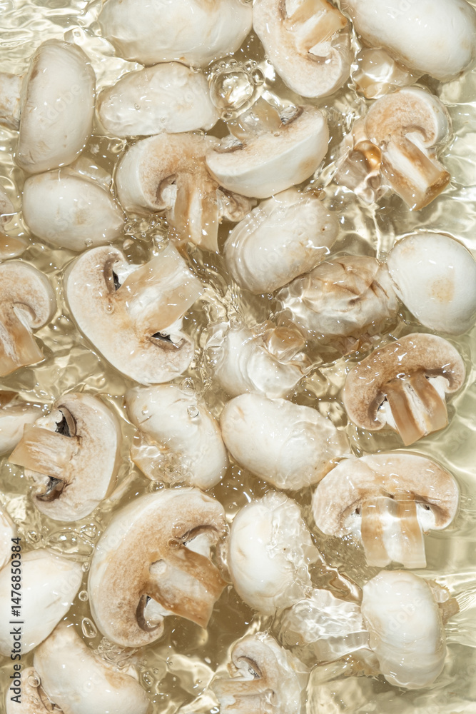 Raw White Mushrooms Champignons Close-Up Splash in a Water Top View Raw White Mushrooms Champignons Close-Up Splash in a Water Top View