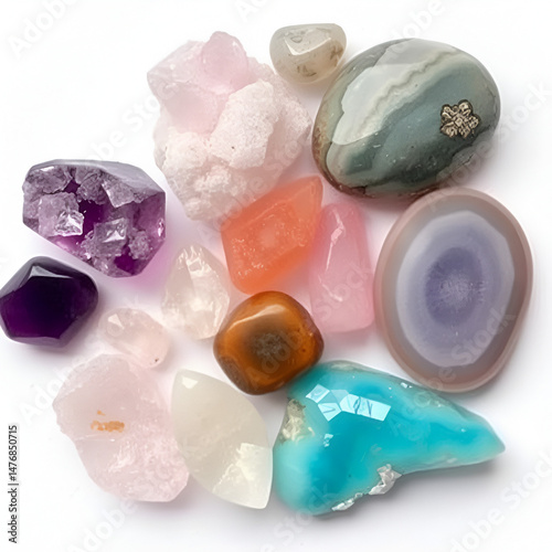 Semi-precious stones of different colors. Amethyst and amethyst druse crystals, rose quartz, agate, uvarovite, turquoise, aquamarine, rock crystal on white and black background