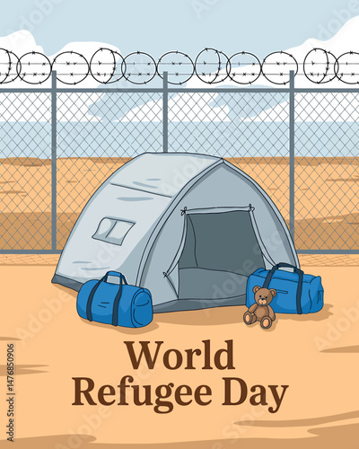 World Refugee Day watercolor illustration featuring a tent and a teddy bear