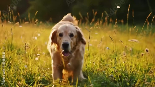 Happy golden retriever running in sunlit field
