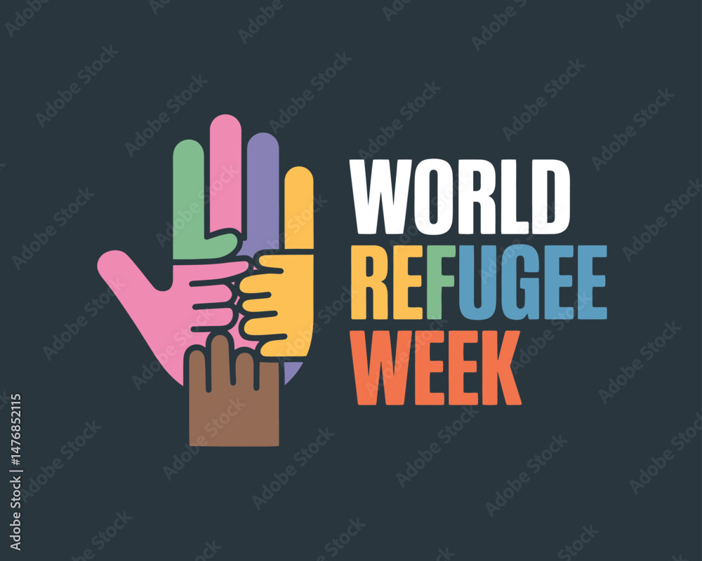 Fototapeta premium World Refugee Week designed with diverse colorful raised hands
