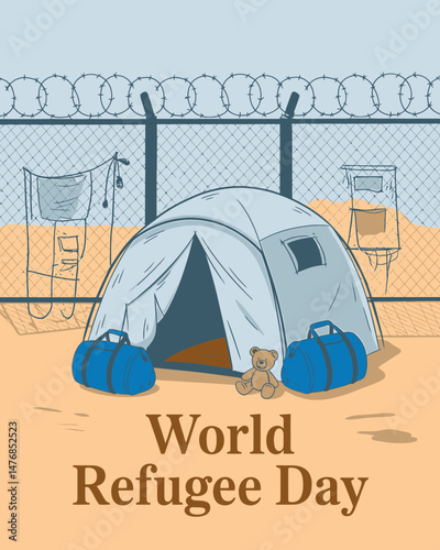 World Refugee Day watercolor illustration featuring a tent and a teddy bear