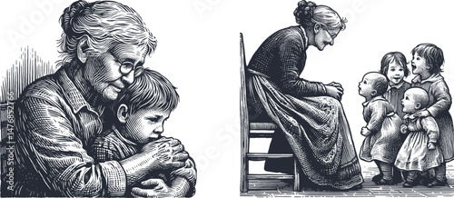 Woodcut Engraving Design of a Loving Grandmother Watching Her Grandchildren – Heartwarming Family Scene, Vintage Style Art for Engraving, Wood Burning, and Rustic Decor
