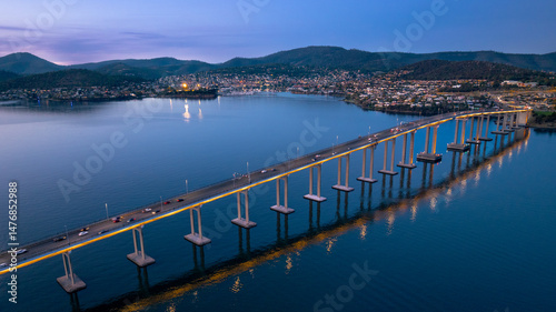 Aerial Sunset Over Tasman Bridge – Hobart, Tasmania, Australia