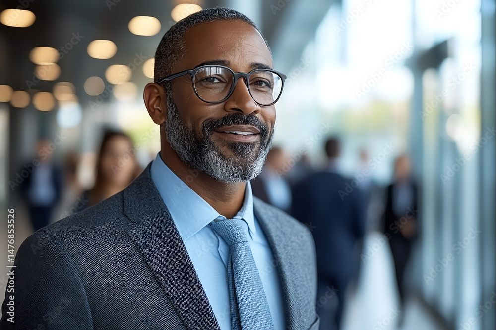 Confident businessman smiling in an office environment, showcasing professionalism and success in an urban setting. Confident businessman smiling in an office environment, showcasing professionalism and success in an urban setting.