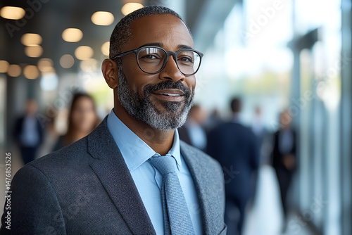 Confident businessman smiling in an office environment, showcasing professionalism and success in an urban setting.