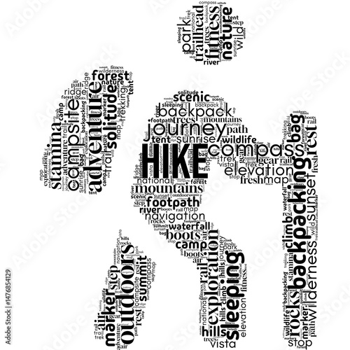 Word cloud centered on "Hike", filled with adventure and nature-related terms. Great for outdoor enthusiasts, travel blogs, fitness visuals, and eco-friendly lifestyle content