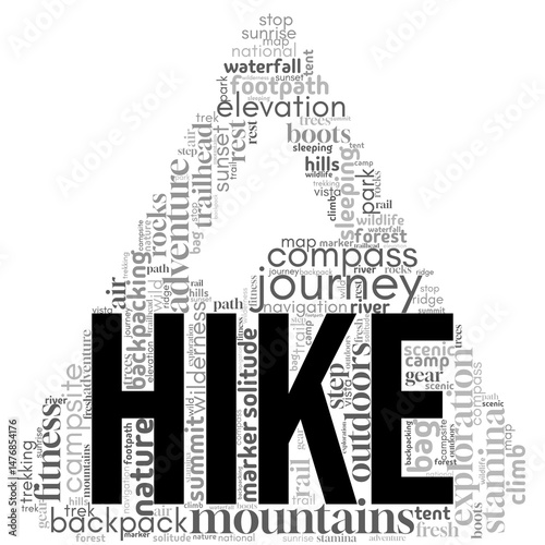 Word cloud centered on "Hike", filled with adventure and nature-related terms. Great for outdoor enthusiasts, travel blogs, fitness visuals, and eco-friendly lifestyle content