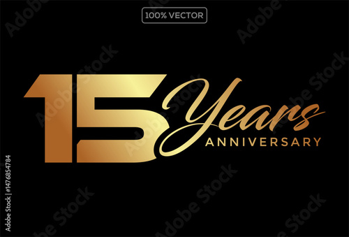 15th anniversary logo gold color on black background for celebration. Vector decorative design