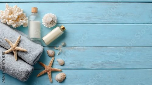 Summer coastal spa flatlay with tropical elements, starfish, shells, towels, and body care products on a light blue plank surface, minimalist layout with empty top portion for message placement,