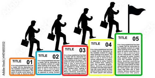Career growth concept vector. Businessman climbing stairs to success, milestone infographic steps, achievement progress. Ideal for goals, motivation, and leadership visuals.
