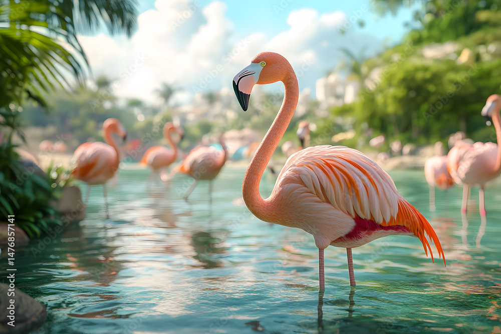 Fototapeta premium Pink Flamingo in Tropical Lagoon with Lush Greenery