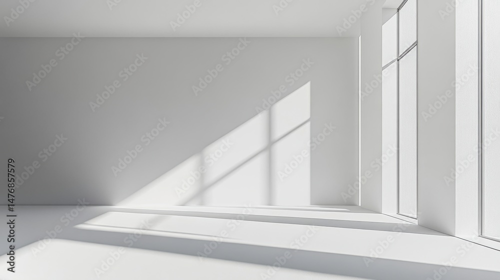 Fototapeta premium Minimalist interior space with sunlight streaming through window creating geometric shadow