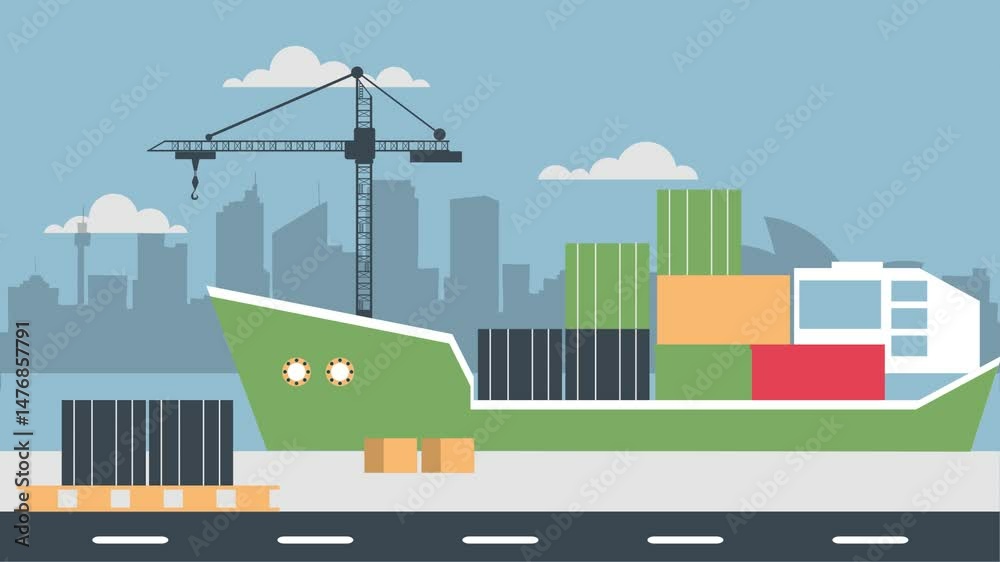 Container Ship in Port with Urban Skyline and Crane Illustration Container Ship in Port with Urban Skyline and Crane Illustration