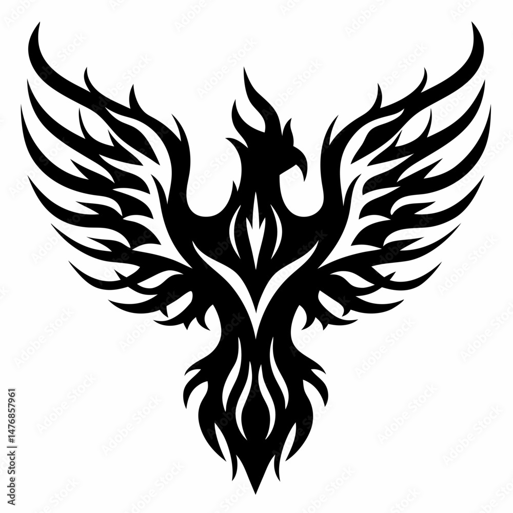 Fototapeta premium This vector illustration features a tribal eagle tattoo design with spread wings, a powerful bird symbol in black silhouette art