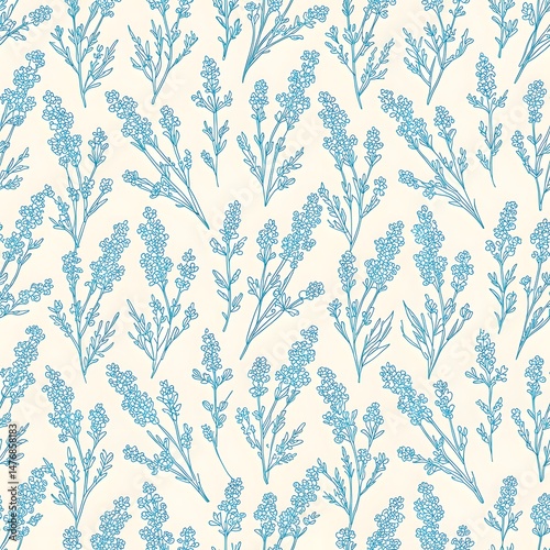 Delicate Lavender Pattern: A serene, seamless pattern showcases detailed blue lavender illustrations against a gentle backdrop, creating a harmonious display of floral elegance.