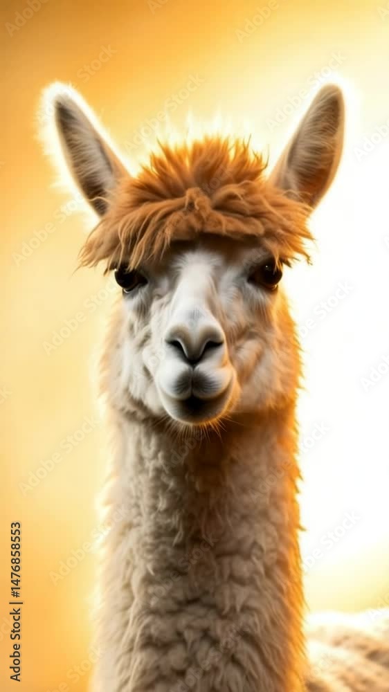 A charming and fluffy llama with a unique hairstyle against a warm, golden background. A charming and fluffy llama with a unique hairstyle against a warm, golden background.