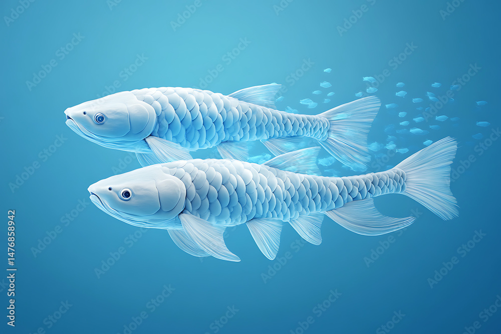 Fototapeta premium Two translucent fish swimming gracefully in a serene blue underwater environment, surrounded by small fish