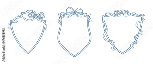 Wedding crests on white background. Minimalist outline of a shield with ribbon and bow monogram. Line art for wedding, monogram, invitation, greeting, logo, birthday cards