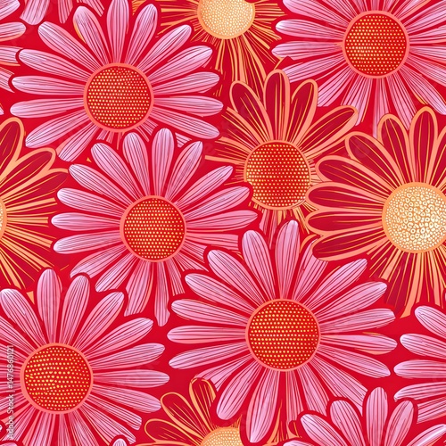 Seamless pink floral pattern with daisy and gerbera blossoms evokes spring and summer beauty