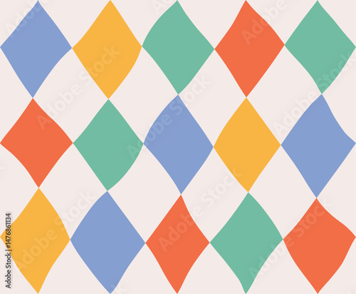 Seamless simple abstract colourful geometric pattern of multicolored rhombuses in a row on a light background, harlequin motifs, hand drawn illustration, flat style