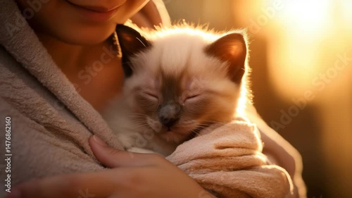 A cozy moment of a person holding a sleepy kitten in soft light.
