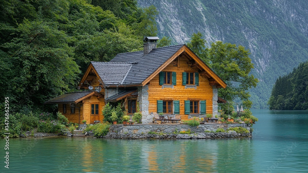 Fototapeta premium Lakeside house among greenery with mountain backdrop