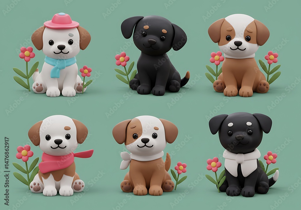 Obraz premium Cute Cartoon Puppy Collection, 3D Render