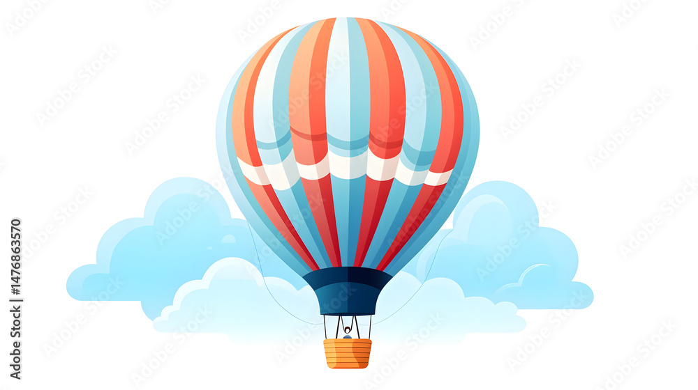 Fototapeta premium Aerial view of a vibrant hot air balloon flying among the clouds with transportation car on the ground