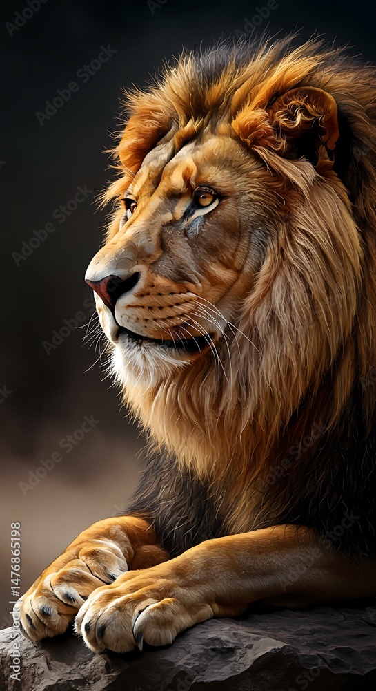 Majestic Male Lion Portrait, Golden Mane, Powerful Animal Majestic Male Lion Portrait, Golden Mane, Powerful Animal