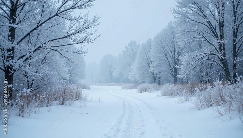 Obraz premium Cold, grey winter landscape with frost covering branches and ground , overcast, ice
