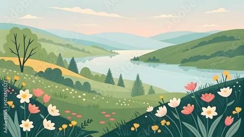 Green grass meets a serene lake reflecting the vast sky and majestic mountains under a summer view