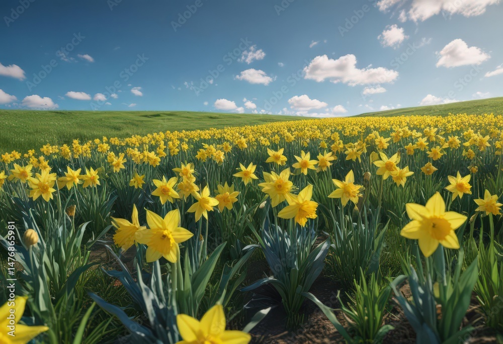 Fototapeta premium Lush green field dotted with cheerful yellow daffodils, vivid blue sky backdrop , vibrant, plants