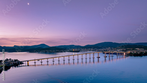 Golden Hour Aerial View of Tasman Bridge – Hobart, Tasmania, Australia