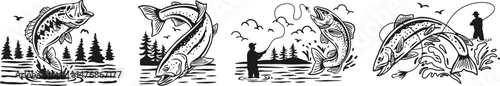 Hand-drawn fishing scene vector illustrations. Jumping bass, trout, angler casting rod.