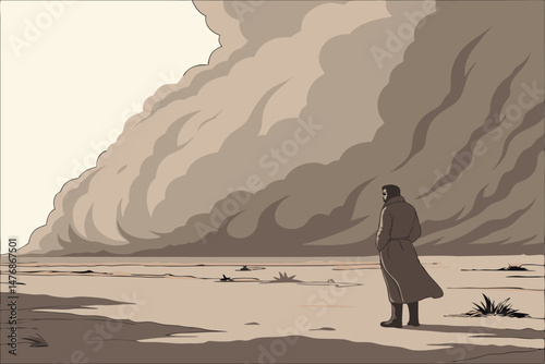 148 a man standing in a vast, desolate landscape with a massive dust storm swirling in the background, dramatic cloudy sky, sense of isolation and power of nature, cinematic, epic, 8k, highly detailed
