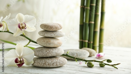Zen Stones Stacked with Orchid and Bamboo on Water