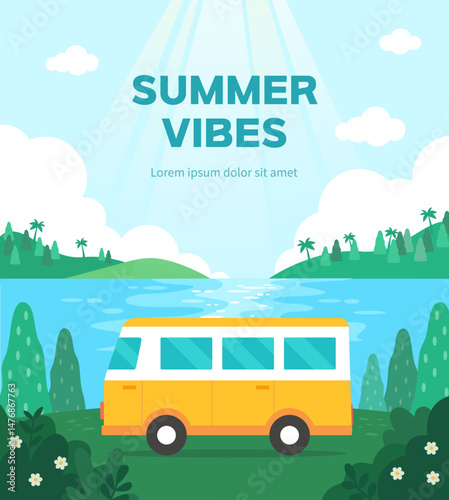 Summer Travel Landscape with Camper Van in Nature – Flat Illustration