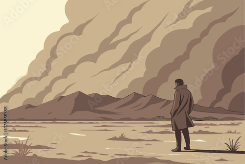 148 a man standing in a vast, desolate landscape with a massive dust storm swirling in the background, dramatic cloudy sky, sense of isolation and power of nature, cinematic, epic, 8k, highly detailed