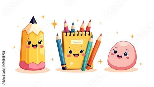 Cute Kawaii School Supplies – Pencil, Notebook, Eraser – Smiling Faces, Vector Style