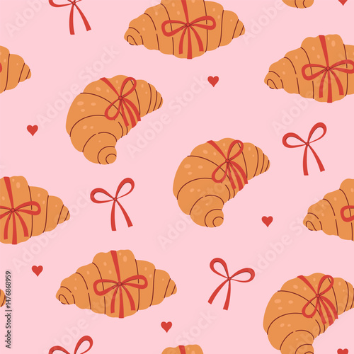 Seamless pattern with croissants with red bows. Vector graphics.